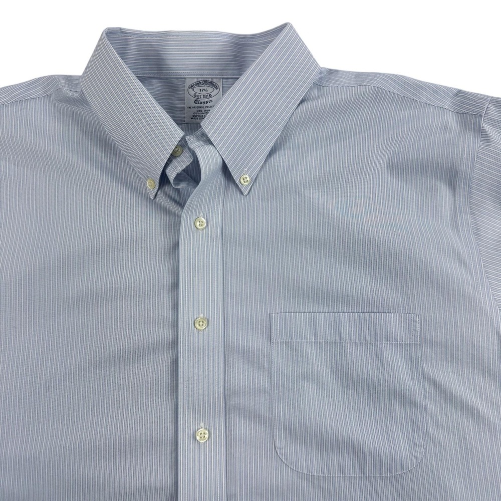 Brooks Brothers Shirt Mens 17.5 Blue Pinstripe Classic Non Iron Supima Cotton SS